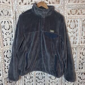 LL Bean Hi-Pile Fleece Men Large Gray Blue Jacket Snap Button Pullover Gorpcore